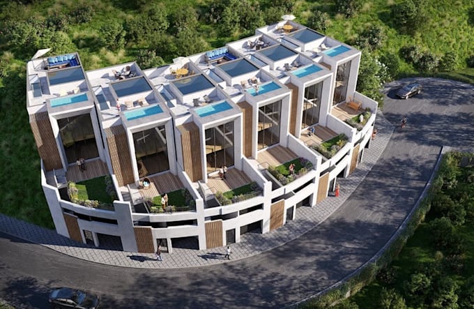 craft 3d duplex townhouse,rooftop lounge,open plan interior, cozy bedroom render