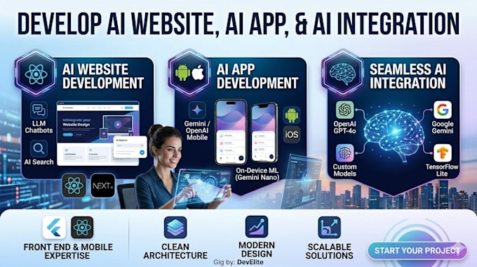 develop ai website, ai app, ai integration website and app