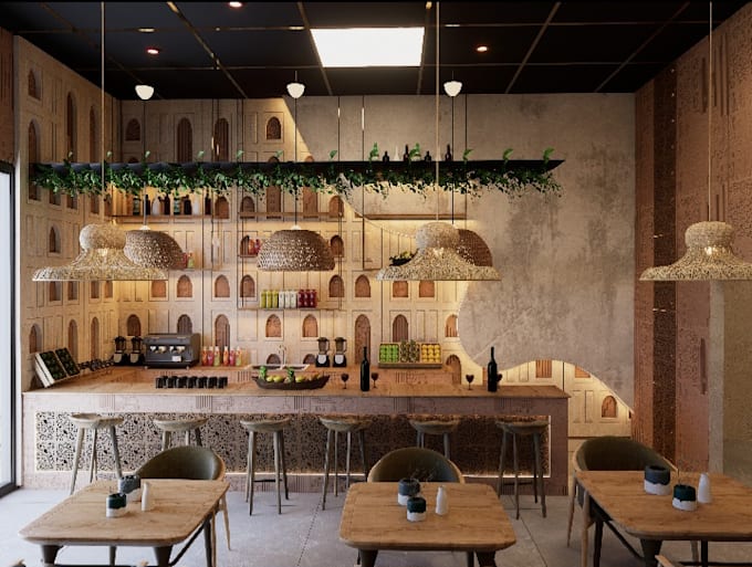 do 3d interior design cafe, restaurant, retail shop, office