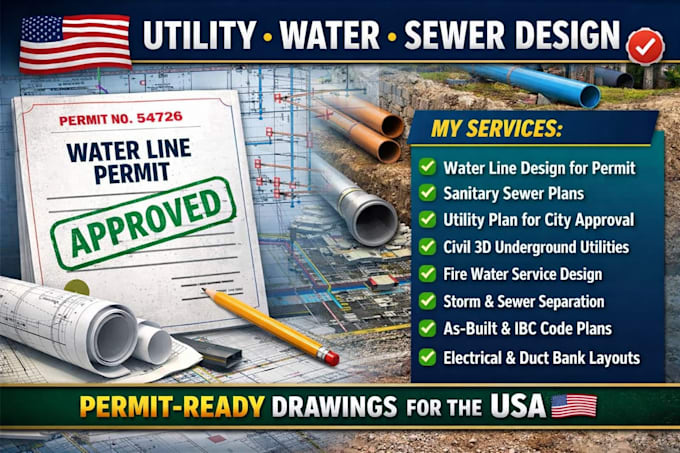 Utility plan cad water sewer design permit usa city approval digital ...