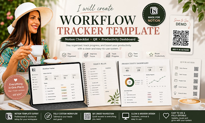 create workflow tracker template, notion checklist, qr, productivity dashboard