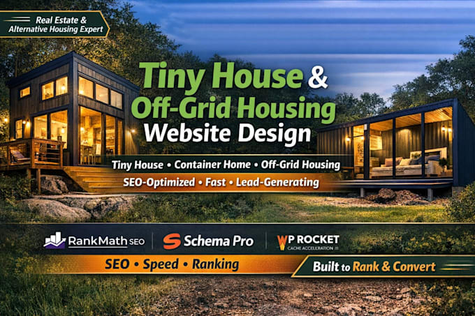 design tiny house, container home, off grid housing website with schema pro