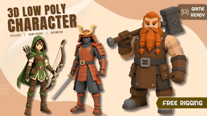 create 3d low poly character modeling, rigging for game assets and animation