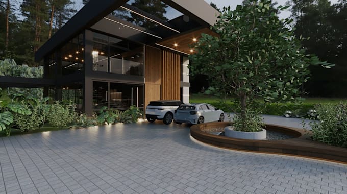 develop modern villa exterior,interior, wood frame construction, front elevation