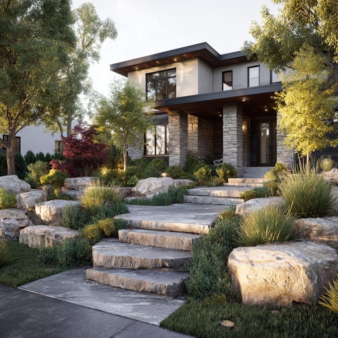 landscape design with front yard, backyard design, pool
