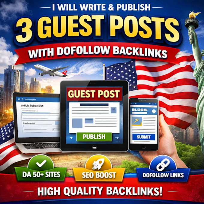 create and publish 3 guest posts with dofollow backlinks