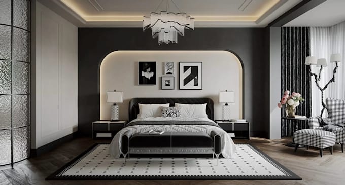design 2d architecture cad drawing, master bedroom rendering, sketchup 3d model