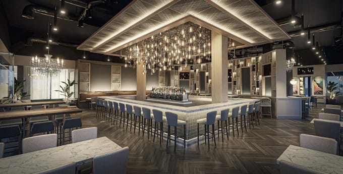 Adjust 3d restaurant interior design,bar lounge render,rooftop design ...