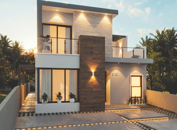 render 3d private apartment,front facade design, cgi exterior balcony,d5 lighten