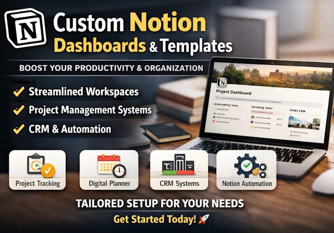create a custom notion, goal tracker, dashboard workspace, business, automations