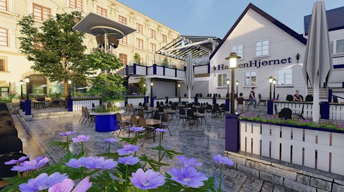 renovate 3d restaurant, outdoor dining terrace, cafe layout design, patio render