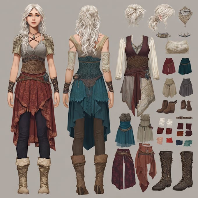 desing unique fantasy character sheets with prop and outfits