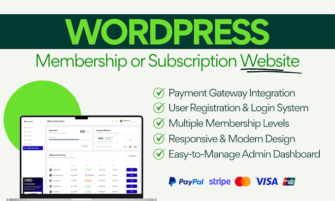 build wordpress membership or subscription website with payment system