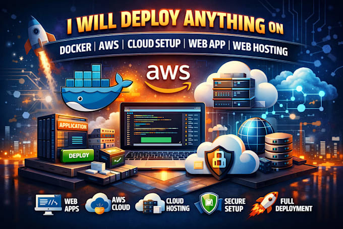 deploy anything on docker container, aws, cloud setup, web app, web hosting