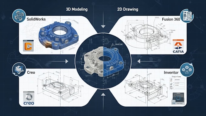 Do 3d modeling and 2d drawing in solidworks, fusion 360, catia, creo ...