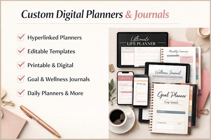 create custom hyperlinked digital planner, digital journal, and etsy template