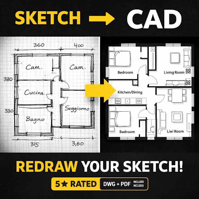 redraw your sketch into a professional 2d floor plan
