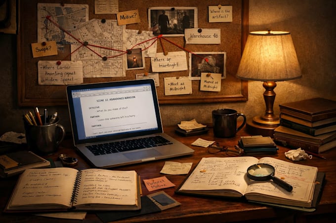 write a professional game script for mystery or detective games