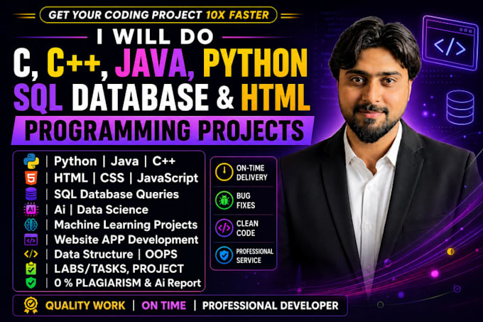 do python java cpp assigned sql database html css programming project developer