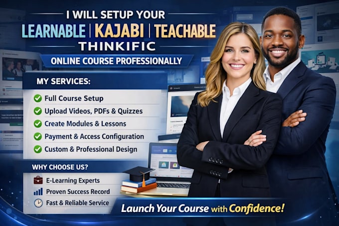 setup learnable kajabi online course, upload course, teachable, thinkific expert