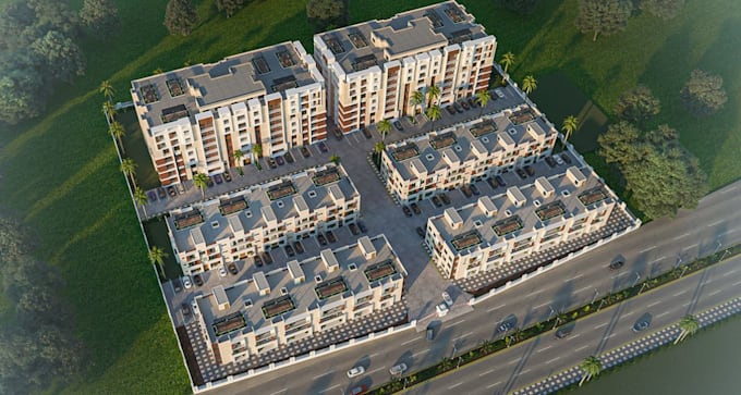 buildup cgi residential block, urban amenity development, old exterior remodel