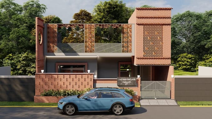revamp 3d duplex exterior, brick wall facade, driveway design, balcony render