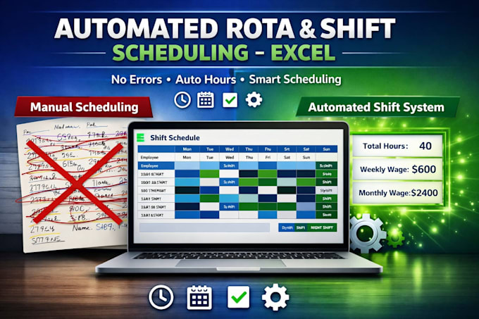 create ms excel employee timesheet, automatic rota shift, manpower schedule