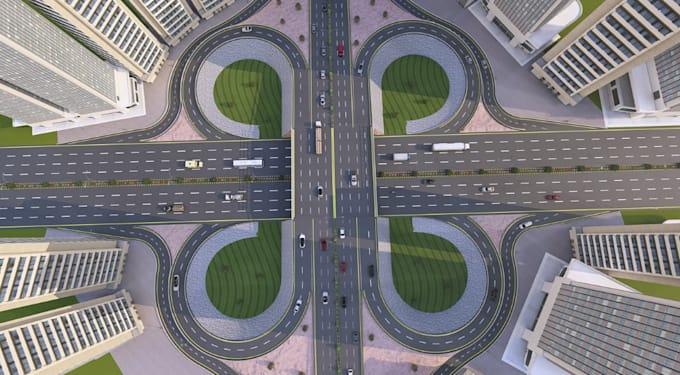 reconstruct 3d highway interchange,flyover bridge,road infrastructure,cgi render