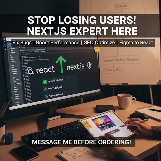design develop and fix nextjs and react errors and optimize for fast SEO ready