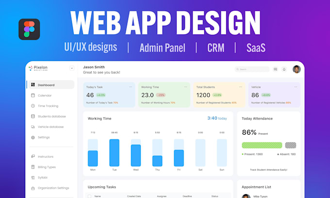 design web app, dashboard, CRM, saas, admin panel UI UX in figma