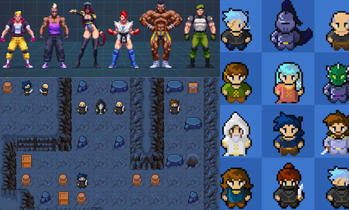 do 8bits 16bits pixel art animation, pixel character sprite sheet animations