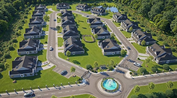develop residential estate aerial,gated community,master plan,driveway rendering