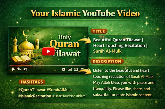 write SEO optimized youtube titles, descriptions and tags for islamic video