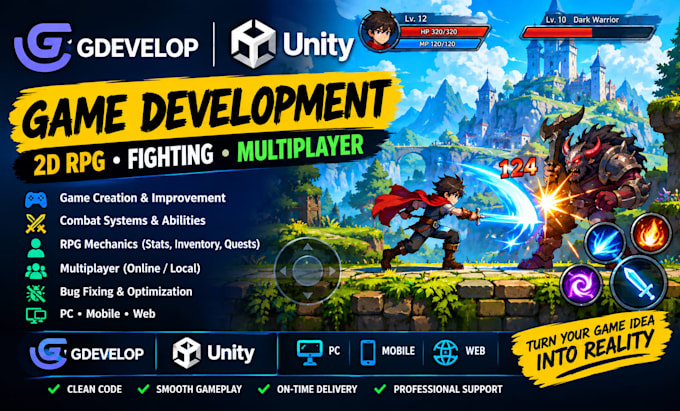 create or fix topnotch 2d rpg multiplayer fighting games on gdevelop, unity