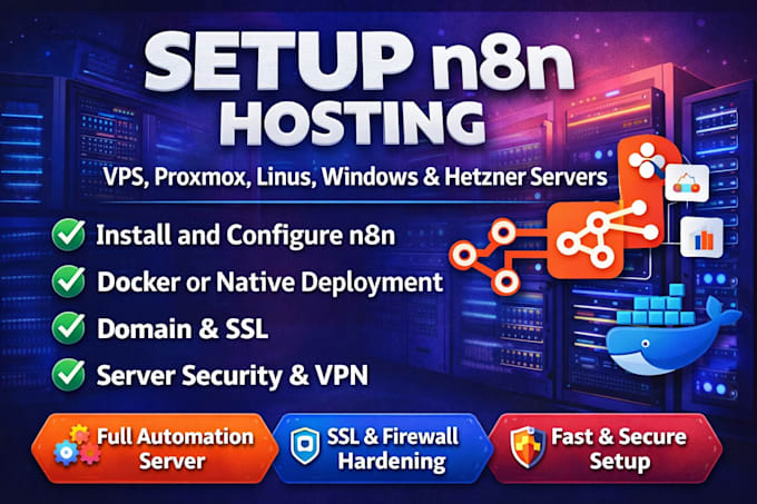 setup n8n hosting on vps, proxmox, linux, windows or hetzner server, docker