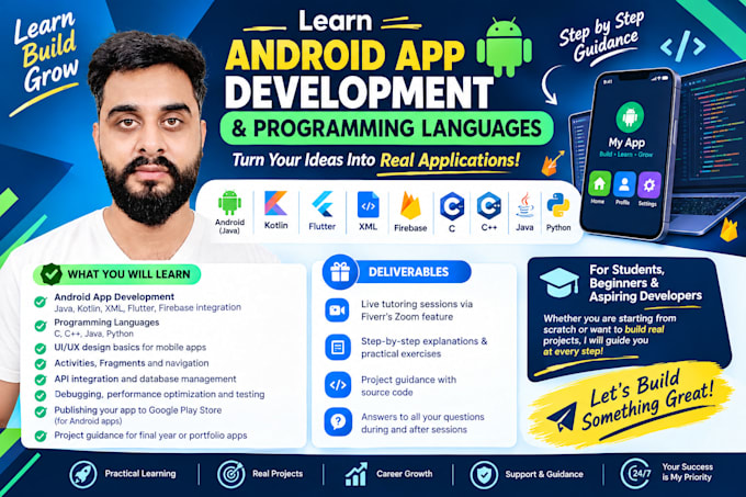 tutor you in android app development and c, cpp, java, kotlin,python languages