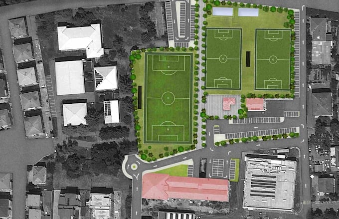 3d stadium exterior rendering, modern community field design, 2d master planning