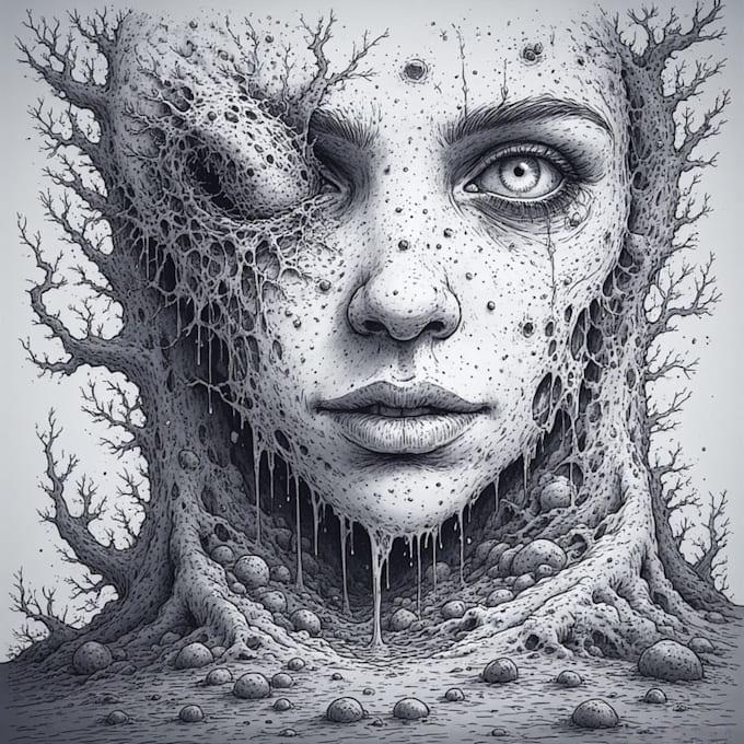 create detailed dark art illustrations for bands and merch