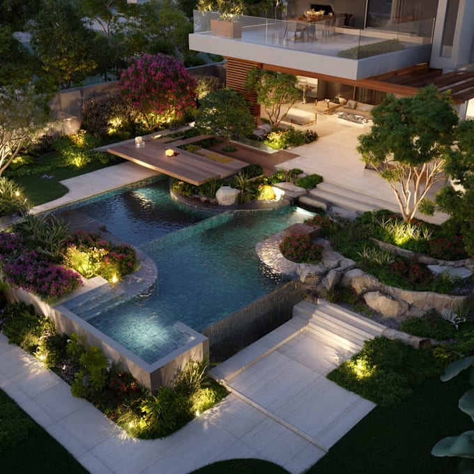 do landscape design,  design, backyard, pool and terrace