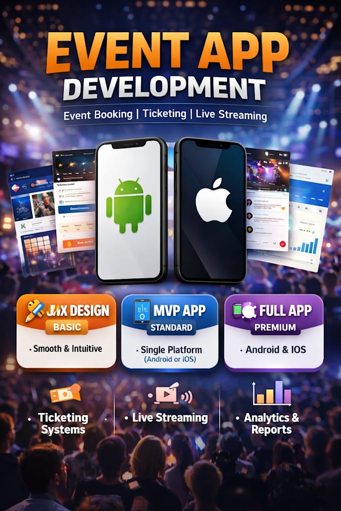 build event booking app, ticketing booking app, live streaming app,