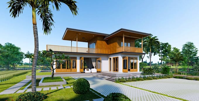 remodel 3d architecture design, countryside house, render exterior visualization