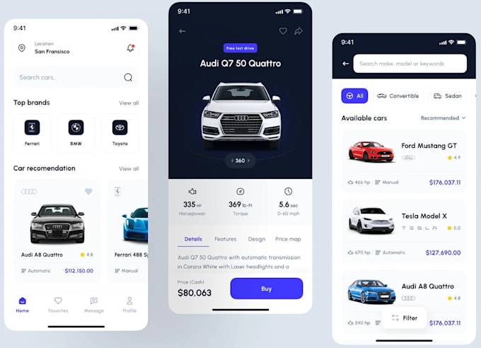 develop car dealership app, ai car marketplace app, car auction app with admin
