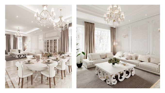 luxury neoclassical living room design and 3d visualization