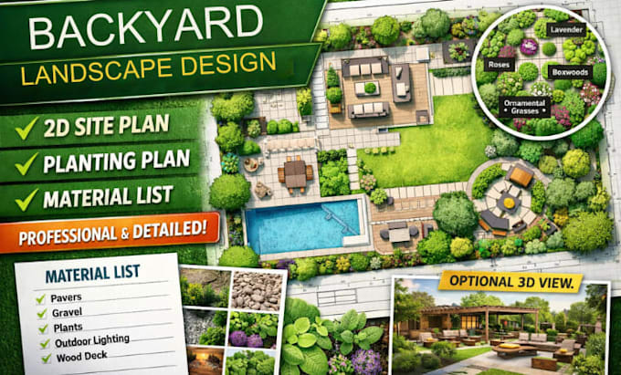 design your backyard landscape, 2d site plan, planting and material list