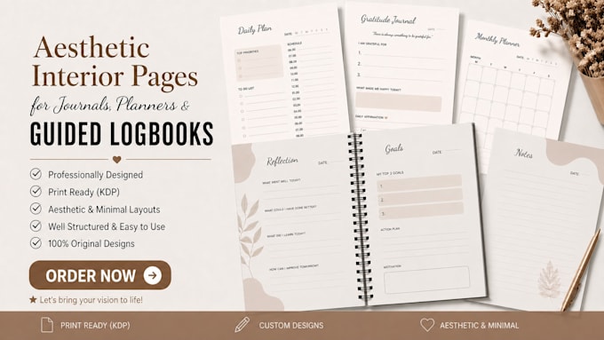 design aesthetic interior pages for journals, planner and guided logbook for KDP
