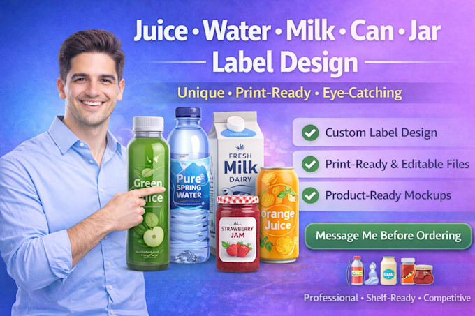 create unique juice label, water bottle label, milk, can, jar label design