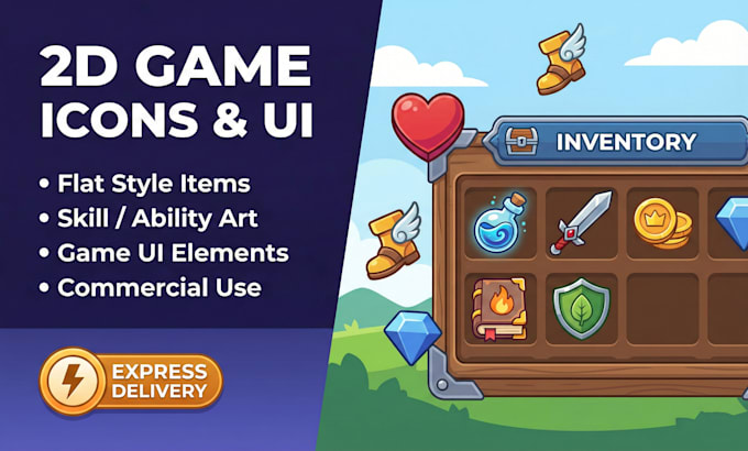 design 2d flat game icons, ui elements, items, and skill art