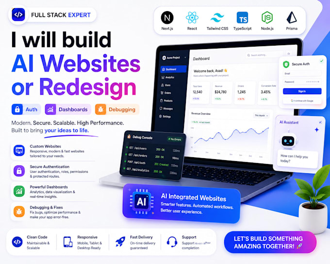 build ai website or redesign , auth , dahsboards, debugging