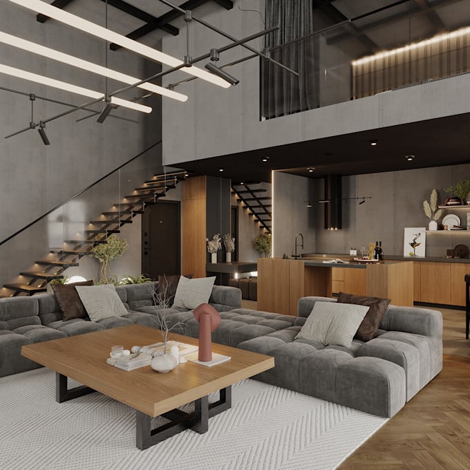 innovative 3d attic apartment, living room interior render, floating staircase