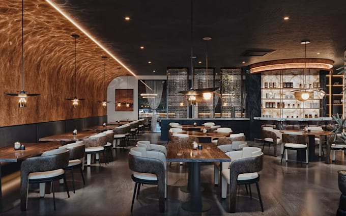 3d mixed use area,restaurant and bar design,annotate floorplan,clean render,cafe